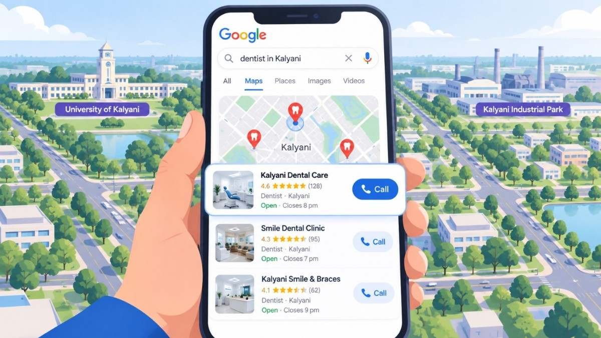Hand holding a smartphone showing a Google Maps search for a dentist in Kalyani, with local business pins, star ratings and a blue Call button